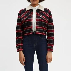 Levi’s • Cropped Black & Red Plaid Corduroy & Sherpa Trucker Jacket Size Medium